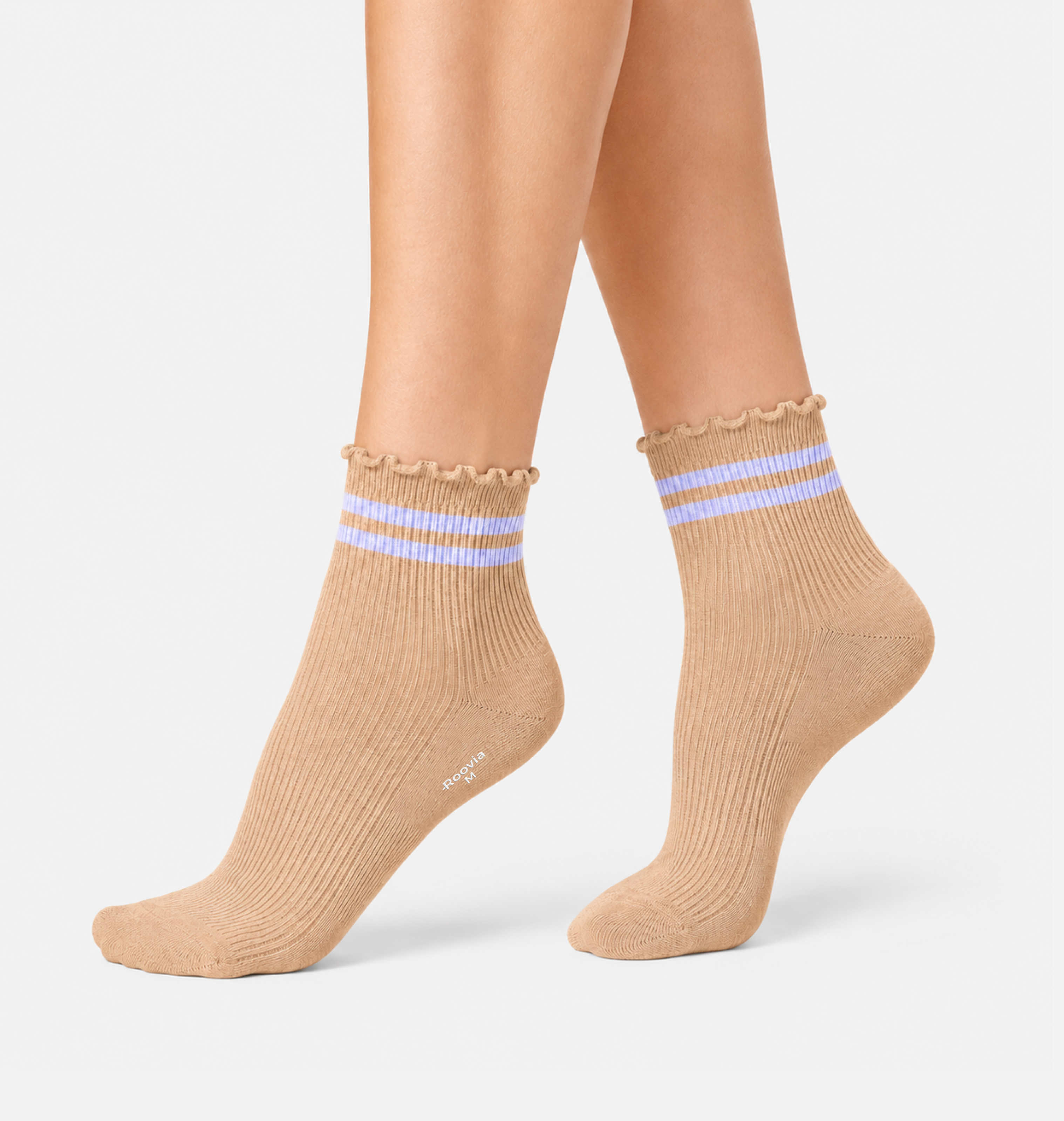 Women’s Quarter Socks Beige Stripe Ruffle